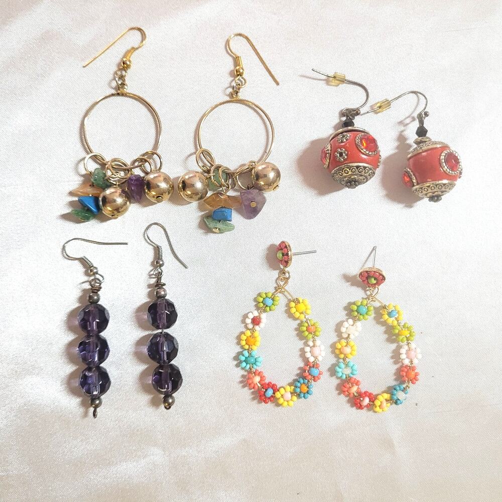 Vintage Y2K Multicolor Red Purple Earrings Dangle Chandelier Drop Beaded Retro